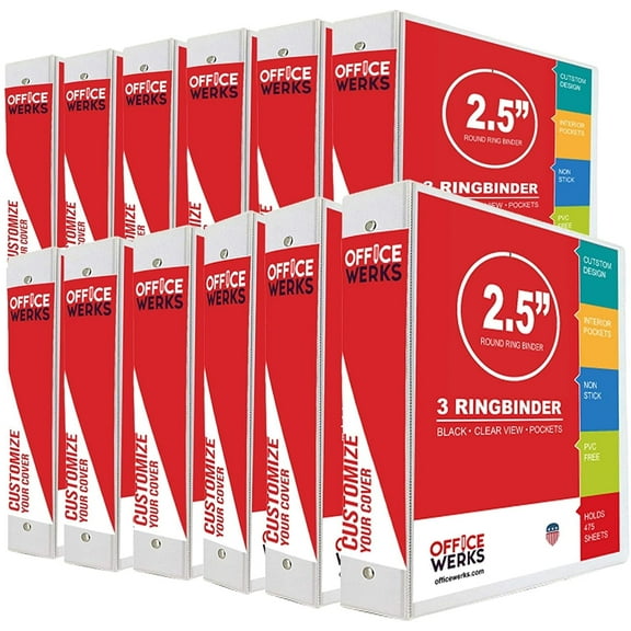 Performore 3 Ring Binders, 2.5 inch Round Rings, White, Clear View, Pockets, 12 Pack (3.2" Spine)