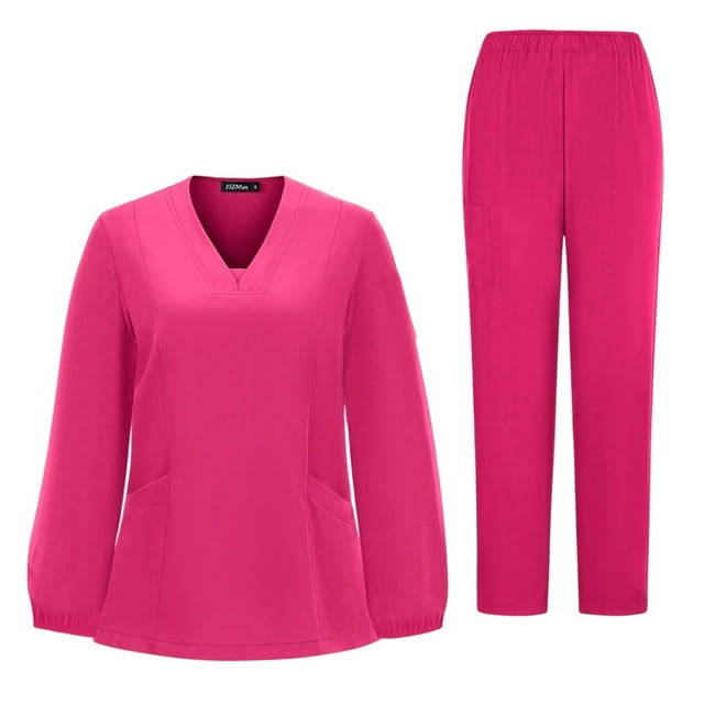 Ktyne Ensemble de Blouses Médicales Roses pour Femmes Uniforme d'Infirmière Extensible Manches Courtes Haut de Blouse & Pantalon de Yoga Jogger Ensemble de Blouses Médicales Couleur Unie avec Multi-Poches Rose Vif P