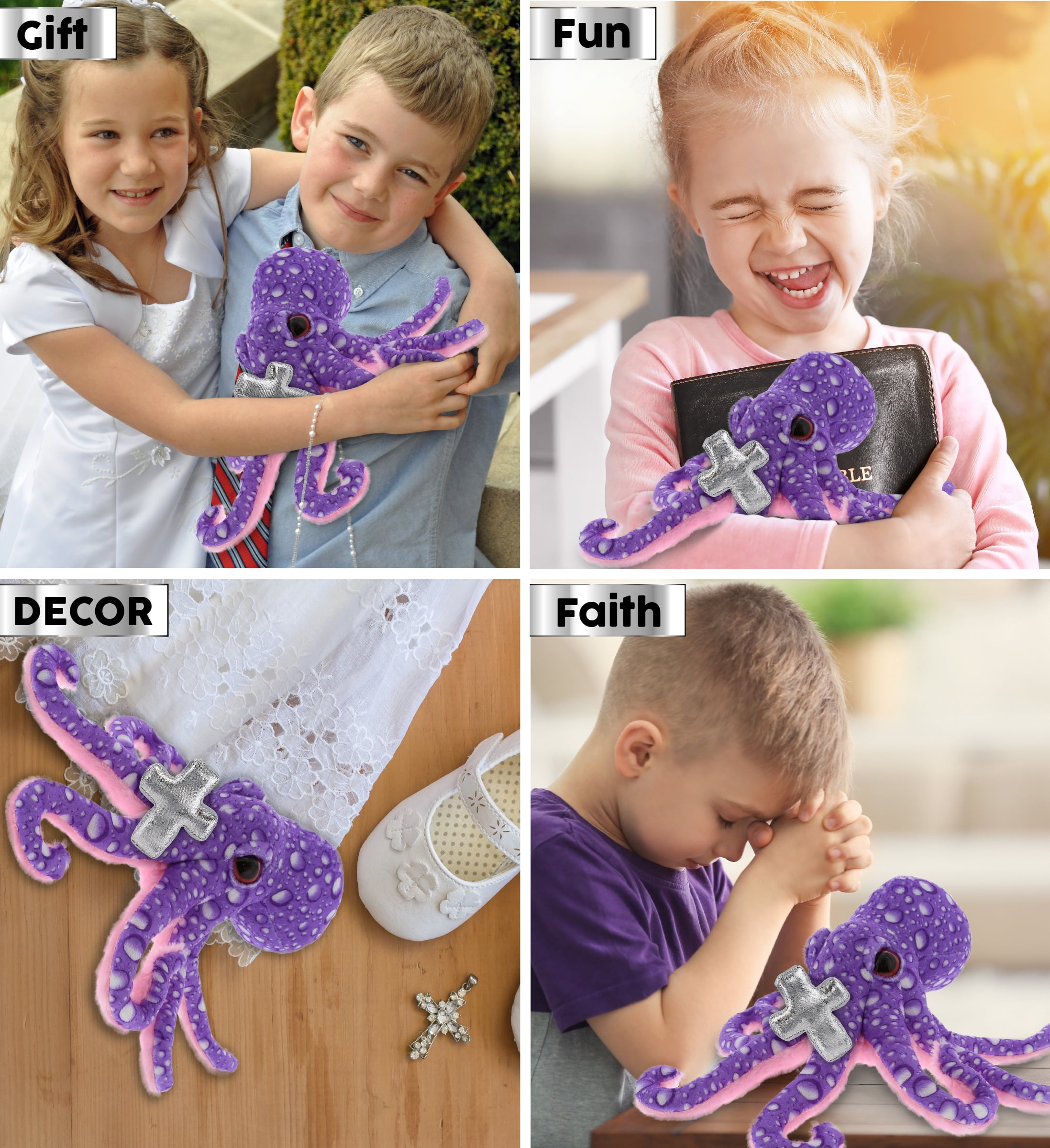 DolliBu Wild Collection Purple Octopus Stuffed Animal with Silver Cross Plush - Religious Baby Baptism Gift for Boys and Girls, Dedication Christening Plush Prayer Toy Healing Teddy Bear - 12 Inches