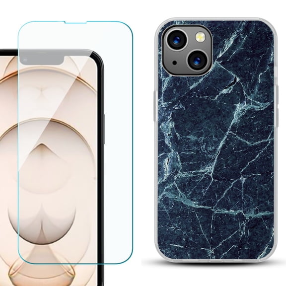 Slim-Fit Flexible TPU Gel Phone Case for iPhone 13, with Tempered Glass Screen Protector, by OneToughShield ® - Marble / Blue