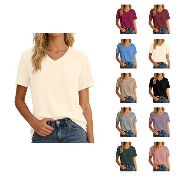 T Shirts for Women 2026 Summer Short Sleeve V Neck Casual Loose Plain Tshirts Work Blouse Basic Tees with Chest Pocket