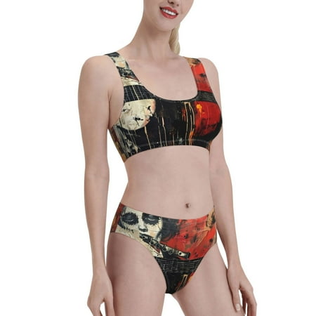 Uemuo Abstract Skull Guitar Art Printed Women s High Waisted Bikini Sets Sporty Two Piece Swimsuits Color Block Cheeky High Cut Bathing Suits-X-Large