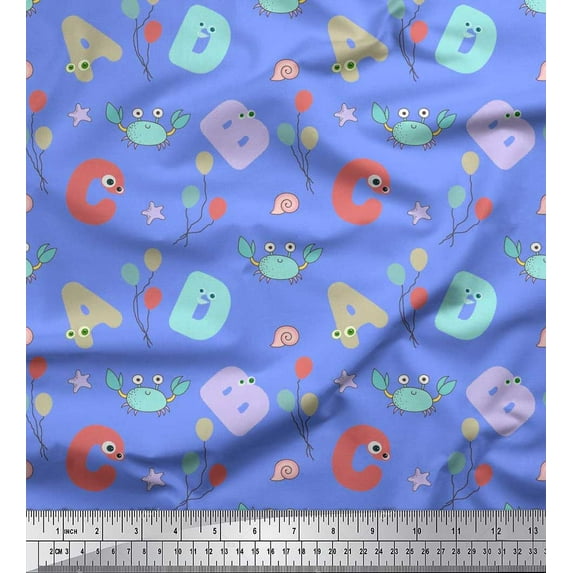 Soimoi polyester Crepe Fabric Crab,Balloons & Alphabets Kids Printed Fabric 1 Yard 42 Inch Wide