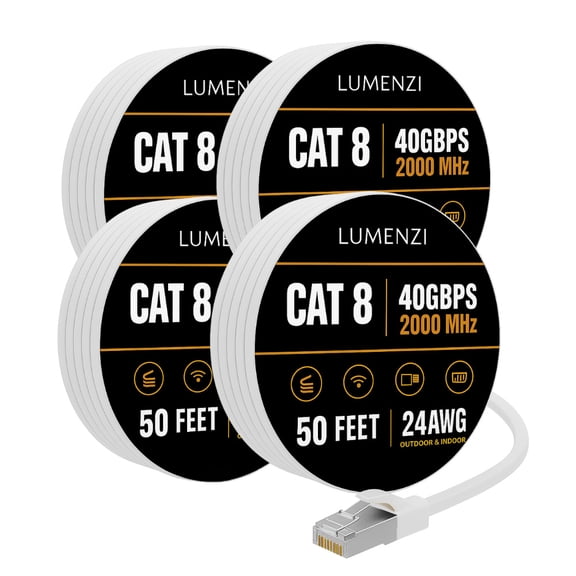 Cat8 Round Ethernet Cable 50ft, 4 Pc Pack, 40Gbps 2000MHz Network Patch Cord, S/FTP Shielded LAN Cable with RJ45 Connectors, for Gaming, Router, Modem, Laptop