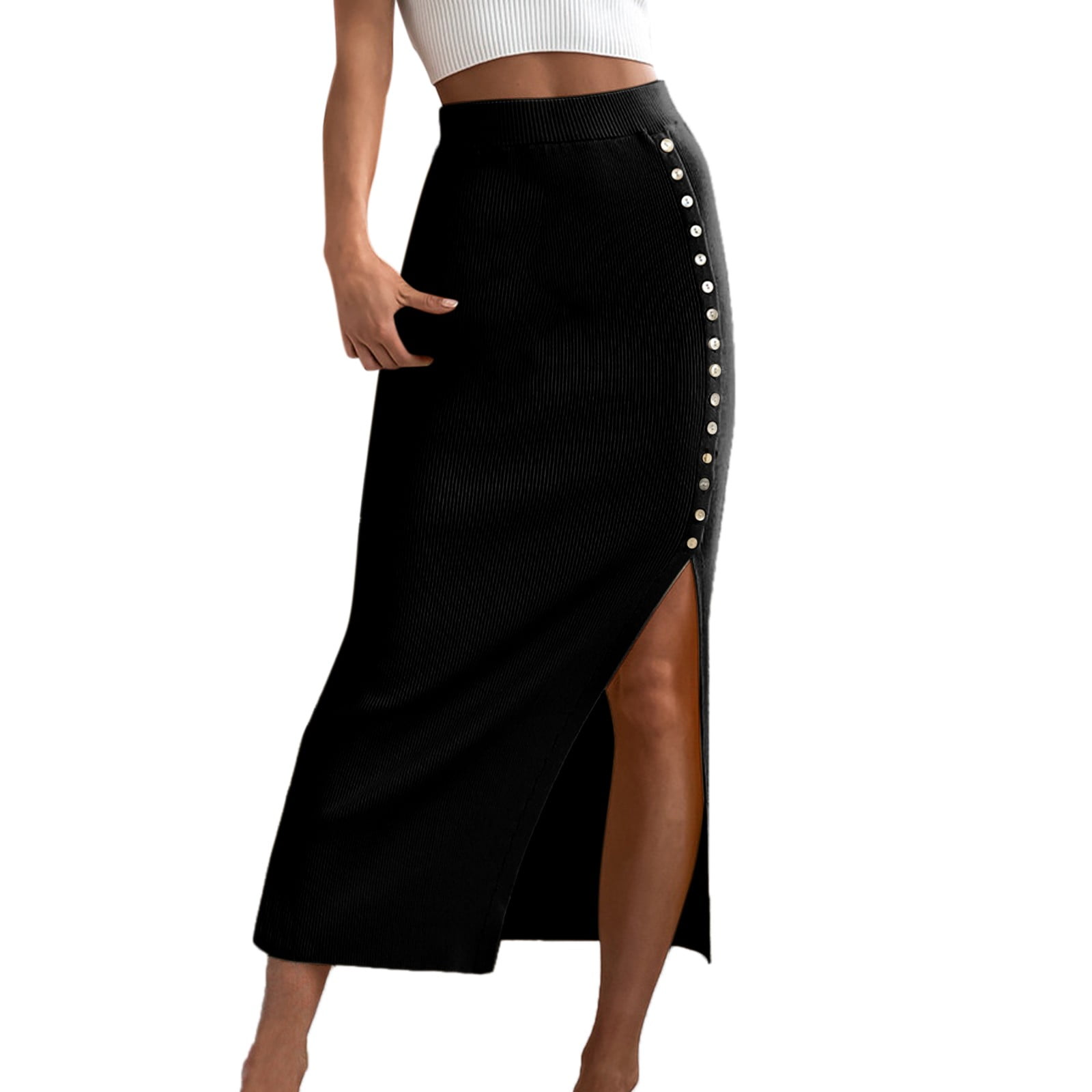 Fvwitlyh Sexy Jupe Femmes Slim Noir Serre Cote Fente Bouton Jupe Noir XL Walmart