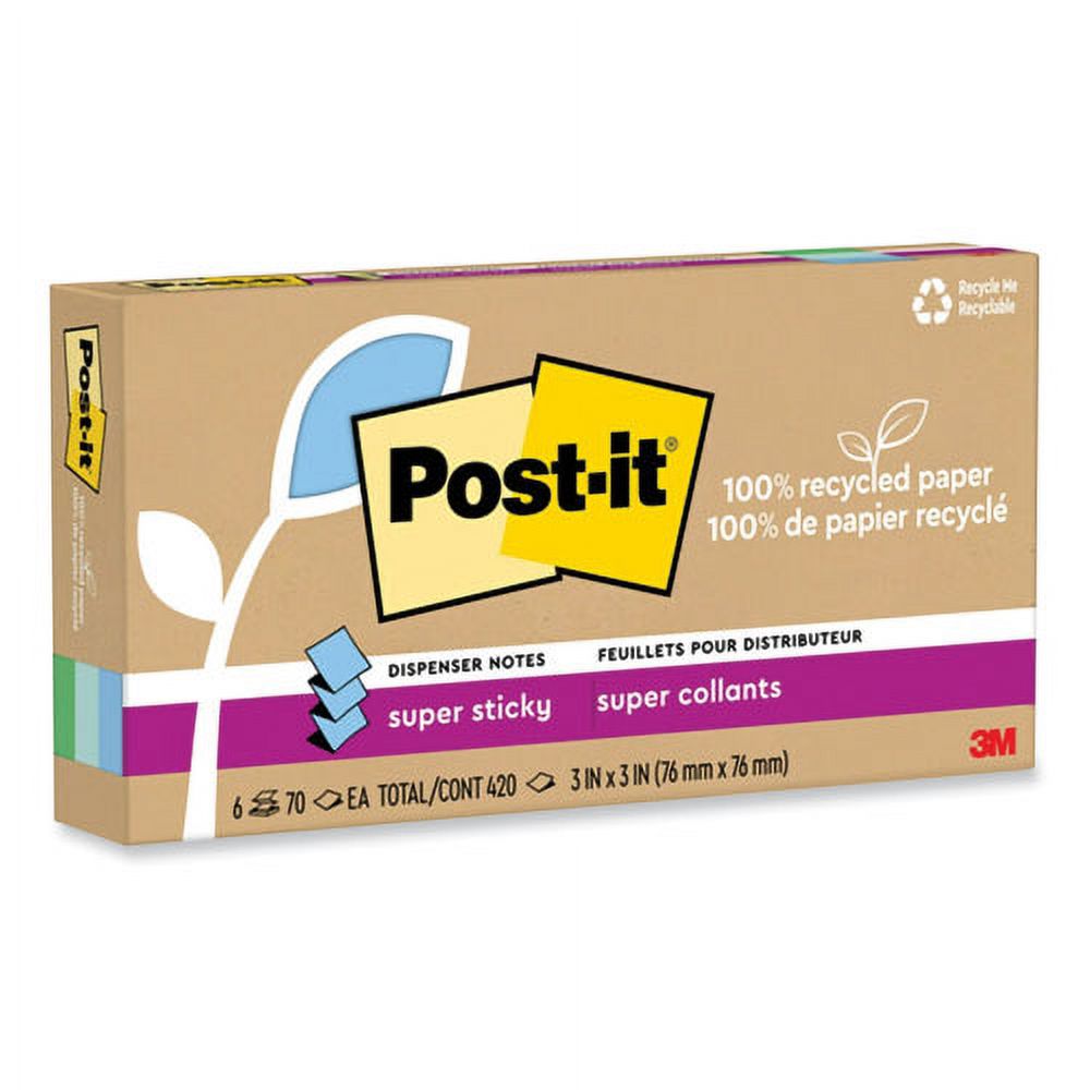 100% recycled paper super sticky notes, 3" x 3", oasis, 70 sheets/pad, 6 pads/pack | Bundle of 10 Packs