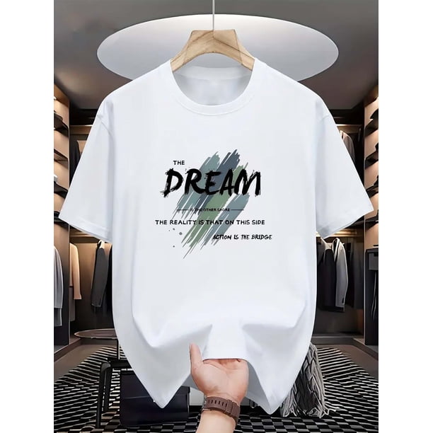 Men'S Casual Crew Neck T-Shirt with Dream Print, 100% Polyester Knit Fabric, Slight Stretch, Summer Short-Sleeve Top, Regular Fit, 180gsm - Fashionable Everyday Wear
