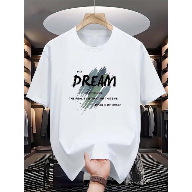 Men'S Casual Crew Neck T-Shirt with Dream Print, 100% Polyester Knit Fabric, Slight Stretch, Summer Short-Sleeve Top, Regular Fit, 180gsm - Fashionable Everyday Wear