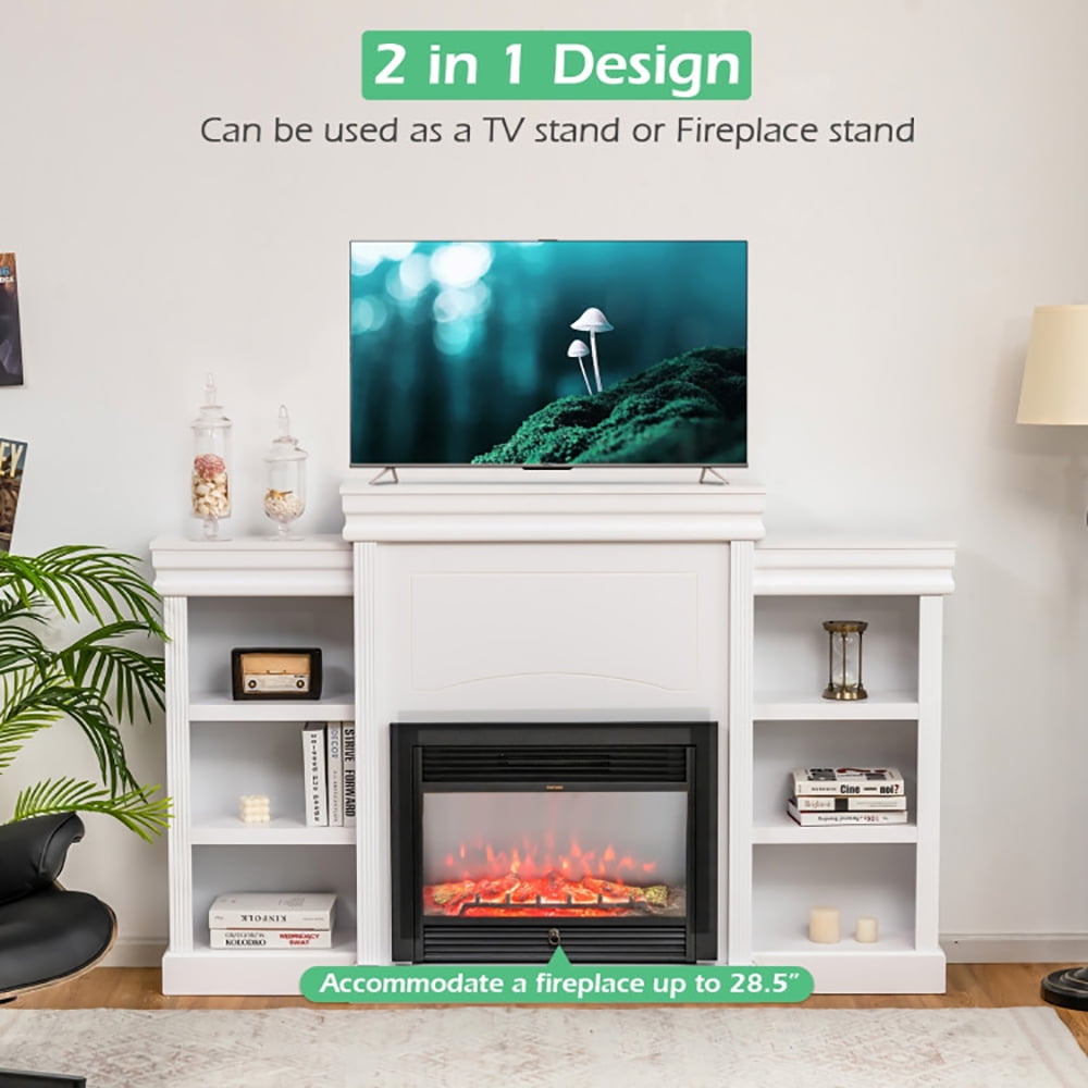 Finihen TV Stand, TV Cabinet, 70 Inch Modern Fireplace Media Entertainment Center with Bookcase, Media Entertainment Center with Storage, for Living Room, Bedroom, White