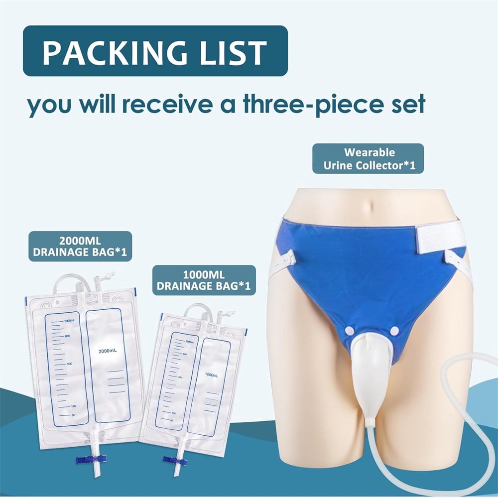 Duslogis Wearable Urine Collector with 1000ml & 2000ml Urine Collection Bags 1.5M Catheter and Dual Capacity Bags, Includes Breathable Cotton Pants Leak Proof Anti Reflux for Men Blue