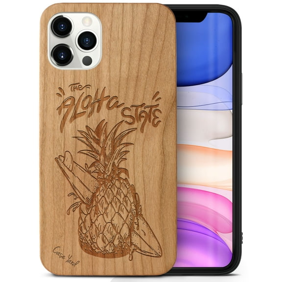 Case Yard Wooden Case Outside Soft TPU Silicone Slim Fit Shockproof Wood Phone Cover for Girls Boys Men and Women Supports Wireless Charging Aloha State Pineapple Design case for iPhone-11-Pro-Max