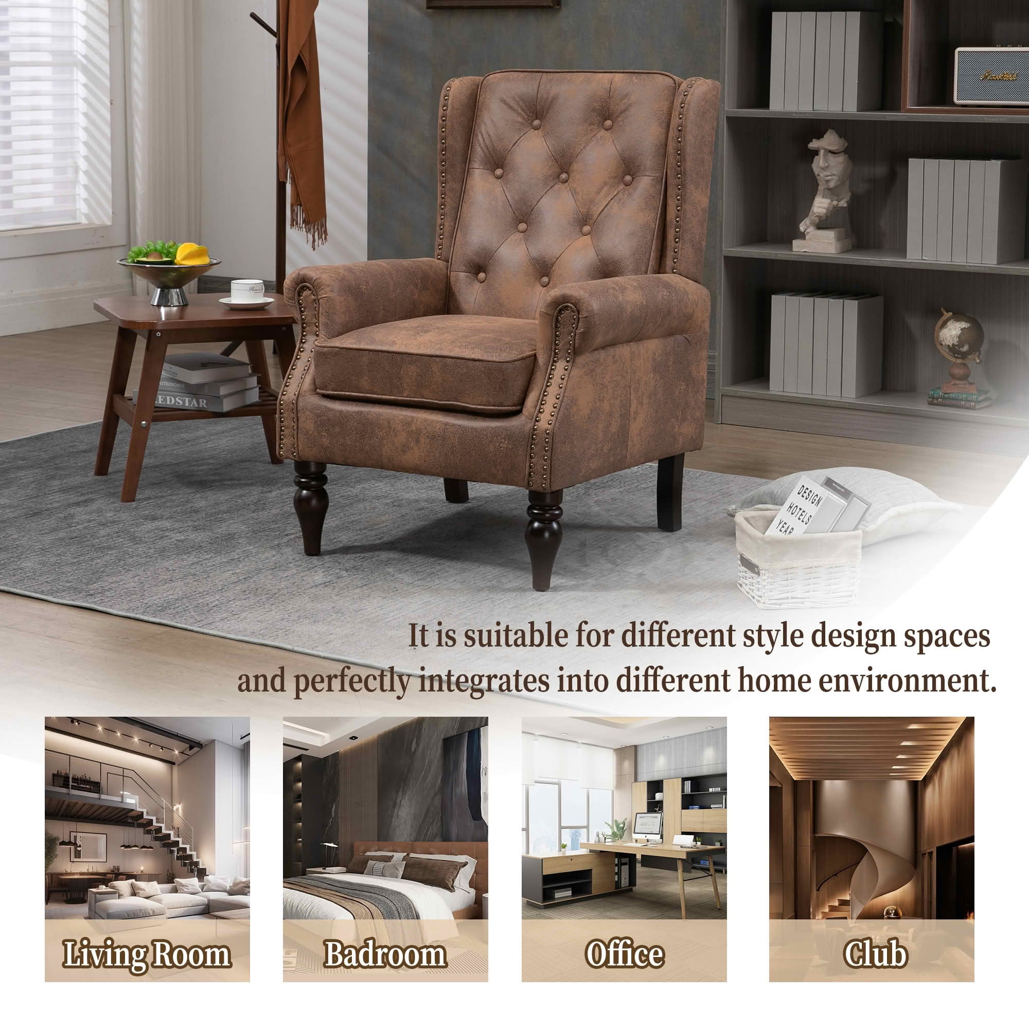 MAYEERTY 29.33-Inch PU Leather Wood Frame Accent Armchair, Modern Lounge Chair with Sturdy Rubber Wood Legs