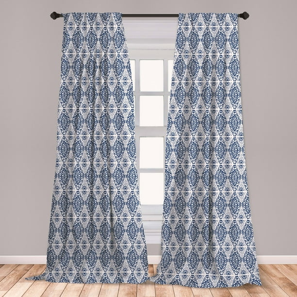 Blue and White Curtains 2 Panels Set, Abstract Tie Dye Effect Ikat
