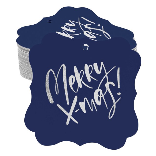 Inkdotpot Pack Of 100 Real Silver Foil Bracket Shape Paper Tags Merry X-Mas Christmas Favor Hang Tags