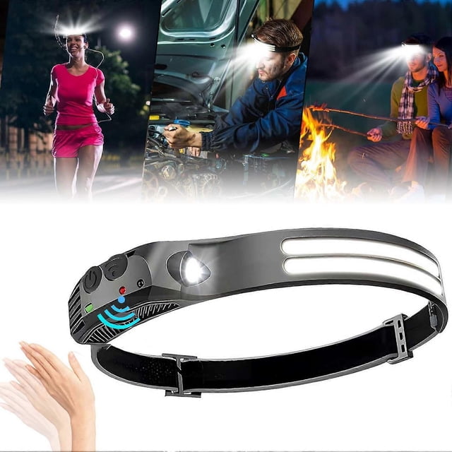 COB LED Headlamp Motion Sensor Wide Beam Head Lights Waterproof Headband Flashlight for Running Camping Hiking