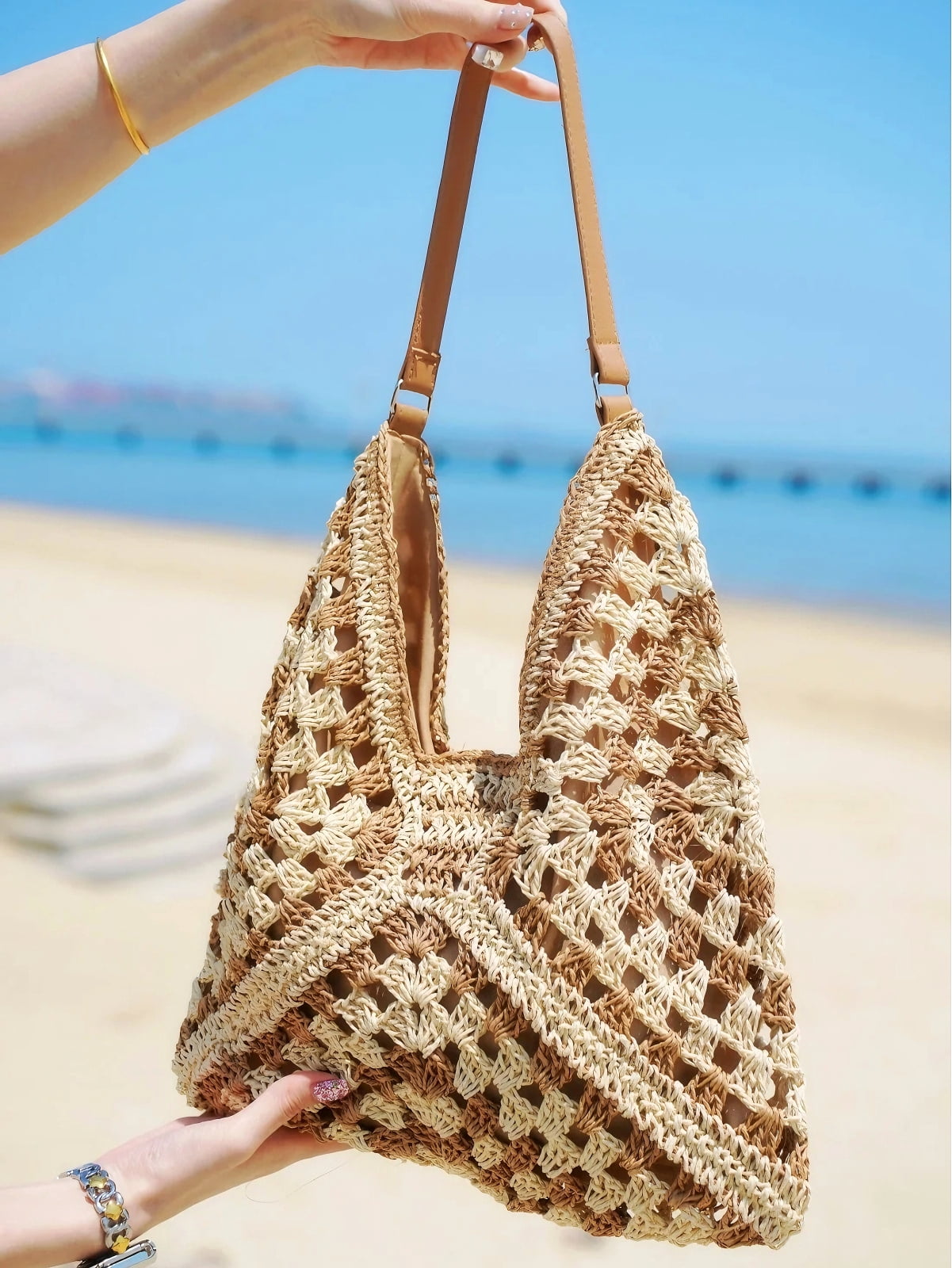 Women Straw Bags Summer Beach Bag Woven Tote Shoulder Bag Lightweight Hobo Handbag(Brown)