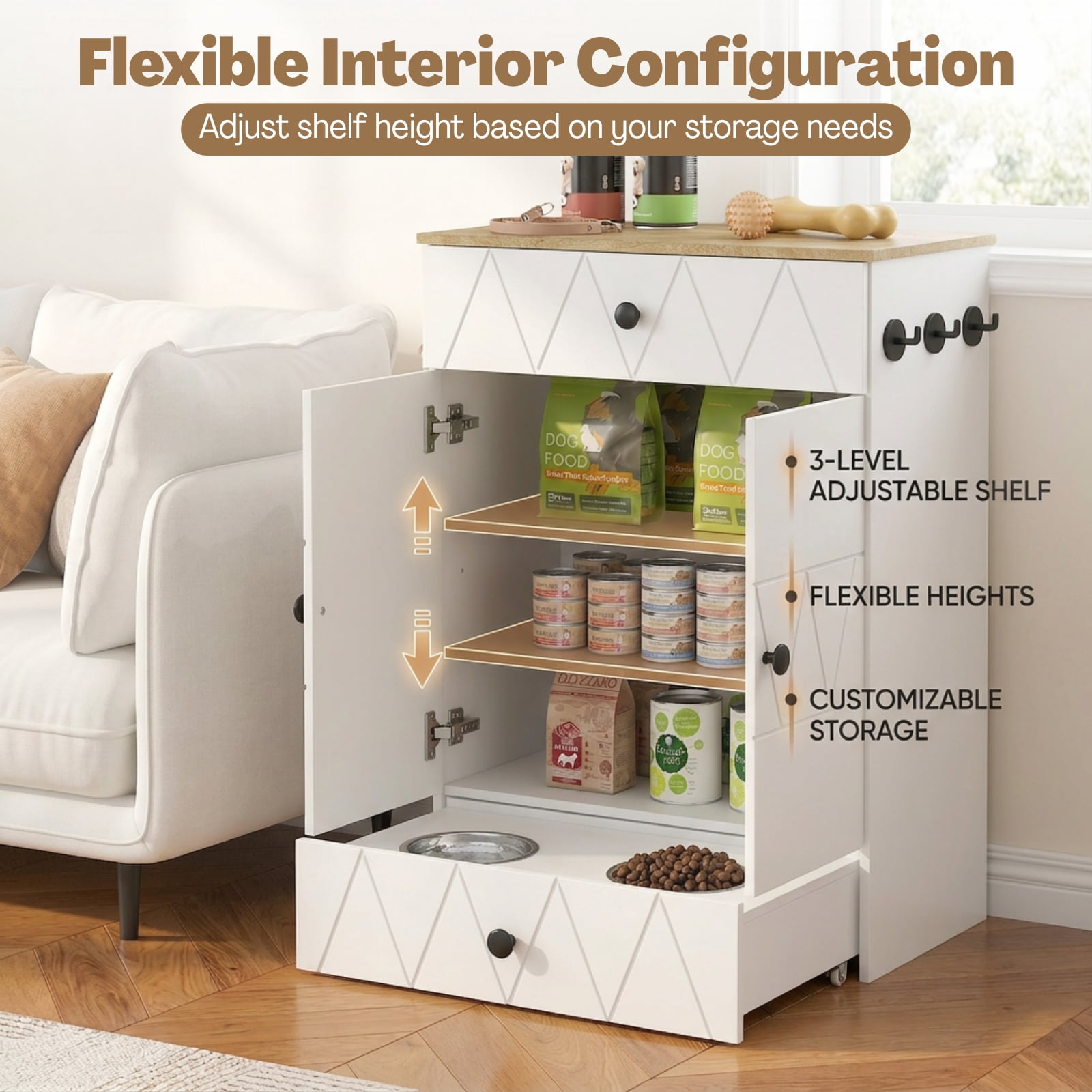 Advwin Pet Feeding Station Furniture with 2 Raised Dog Bowls, Dog & Cat Food Storage Cabinet with Drawer, Adjustable Shelves & Hooks, White
