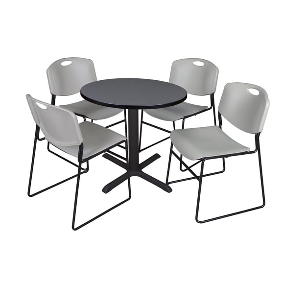 Romig Pillar Small 30 in. Round X-Base Breakroom Table- Grey & 4 Zeng Stack Chairs- Grey