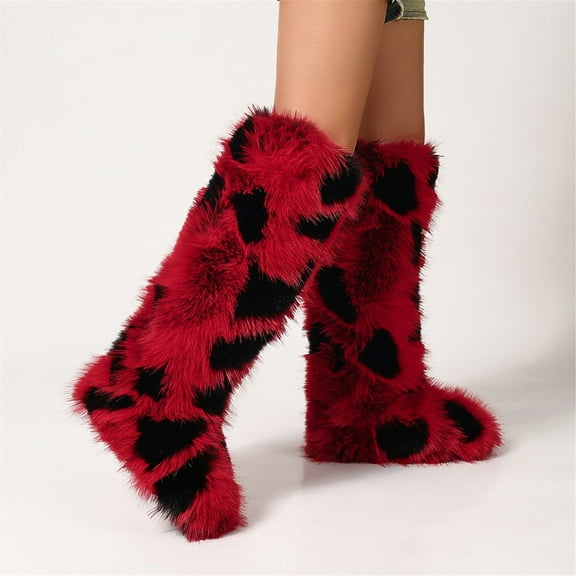 Women Winter Fluffy Faux Fur Knee High Snow Boots Solid Non-slip PVC Soles Outdoor Warm Boots Big Size