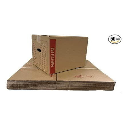 50-Pack Medium Cardboard Moving Boxes 18x14x12 – Durable 32 ECT Boxes with Handles for Storage