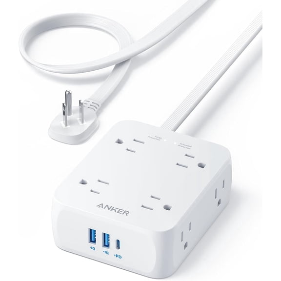 Restored Surge Protector Flat Plug Power Strip 2000J, Anker 5ft Thin Extension Cord with 8 Outlets, 2 USB A and 1 USB C Port, 20W for iPhone15, Wall Mount, Compact for Home, Office, Room, TUV Listed (Refurbished)