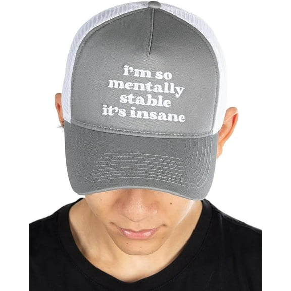 Structured Cotton Mesh 5 Panel Vintage Trucker Hat: I'm So Mentally Stable It's Insane - Grey