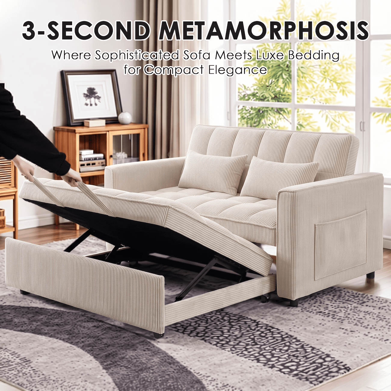 Xiweot 54" Sleeper Sofa Bed, Convertible Pull Out Couch for Living Room Apartment, Velvet Futon Loveseat Sofa Bed with Adjustable Backrest, Side Pockets, 2 Pillows, Easy Assembly (Beige)