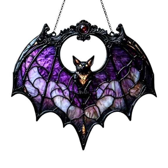 Clearance Under $1! 1PC Gothic Black Bat Window Hanging, 7 Inch Acrylic Ornament with Chain for Home & Porch, Acrylic, (7in, Dark Purple)