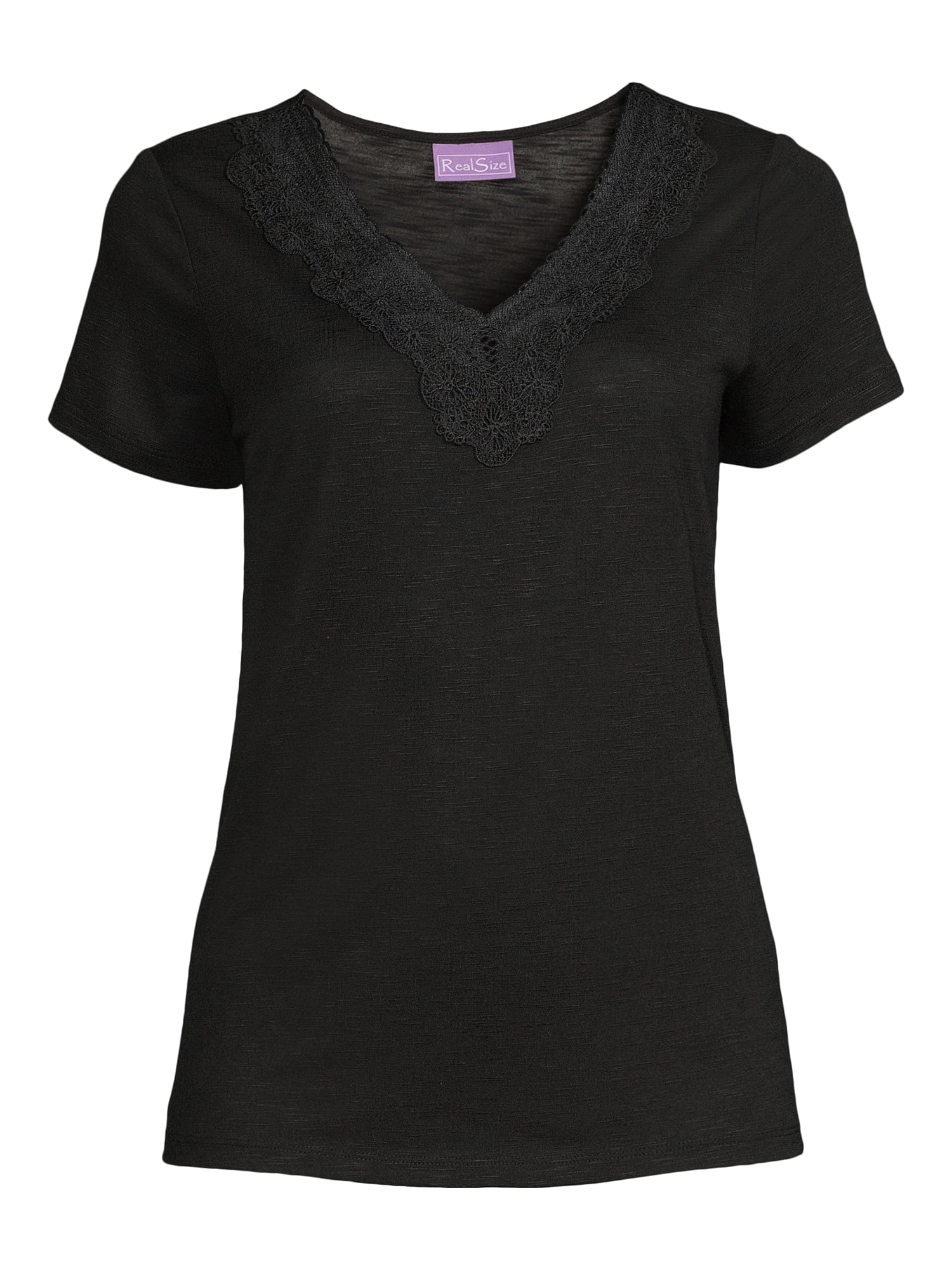 RealSize Women's Lace V-Neck Tee with Short Sleeves, Sizes XS-XXXL
