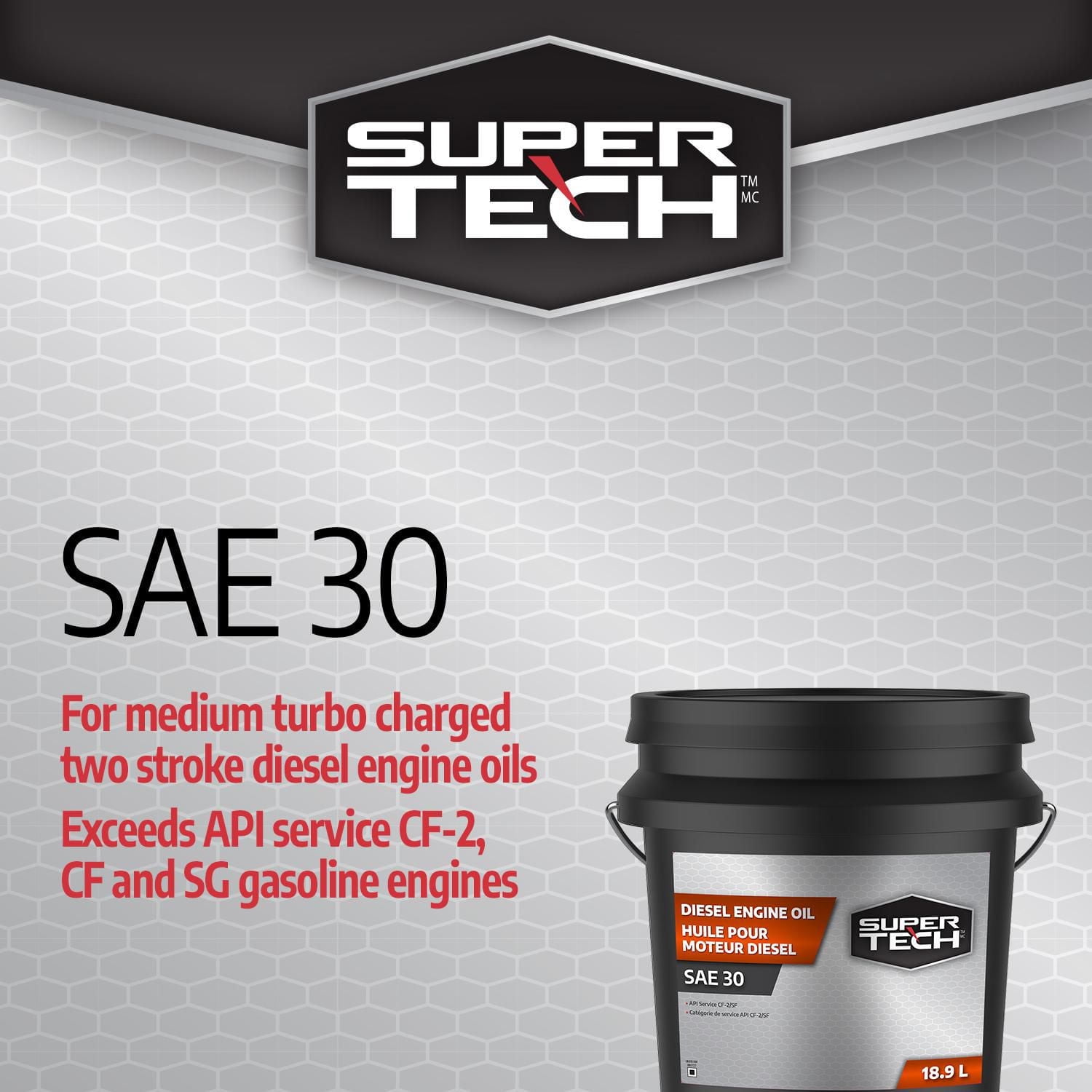 Huile moteur diesel SuperTech SAE 30, seau, 18.9L Bon anti-rouille, anti-usure et pouvoir lubrifiant