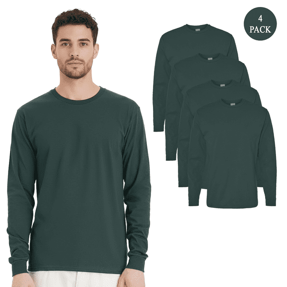 Hanes Men's Essential-T Long Sleeve T-Shirt, Athletic Dark Green, Pre-Shrunk Cotton Tee, 4-Pack, L