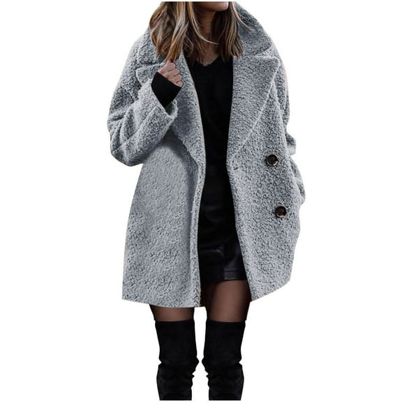Sokhug Womens Trendy Winter One-Tone Thick Button Pocketed Plush Long Sleeve Coat Warm Outerwear