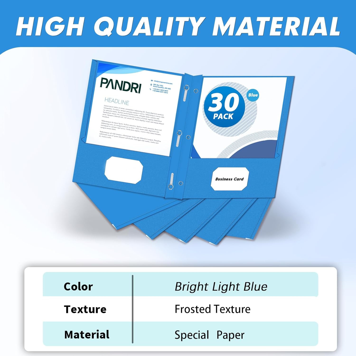 Two Pocket Folders, 30 Pack with Prongs, Letter Size, Lightblue