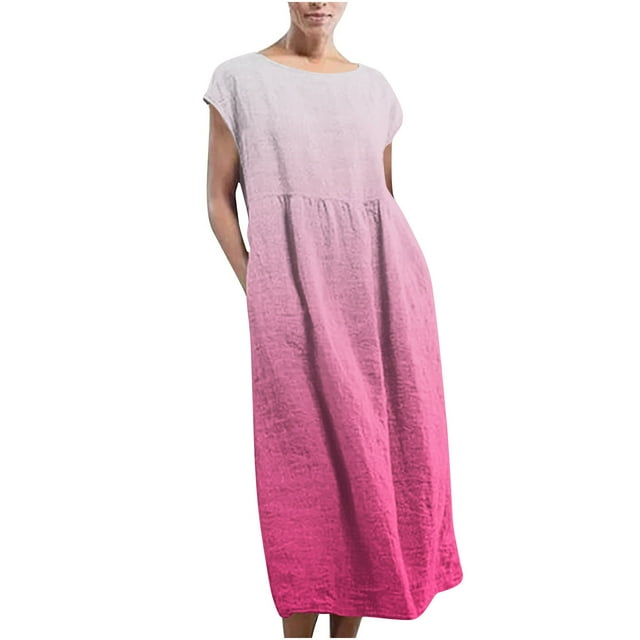 Yuyuzo Robes Décontractées pour Femmes Manches Cap Coton Lin Robe Maxi Col Ras du Cou Couleur Dégradée Longue Robe avec Poches