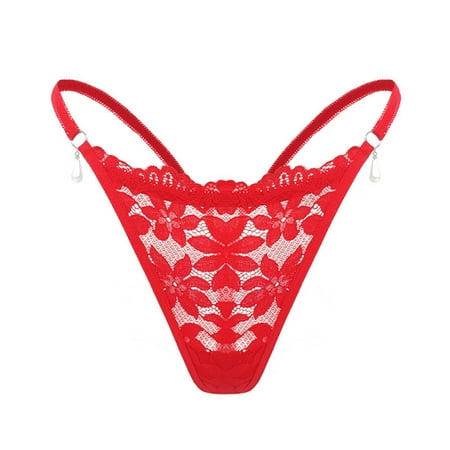 Yuhangmm Elegant Lace Floral Womens Thong With Bead Pendant Comfortable Low Waist G String Panties Birthday Lingerie for Women