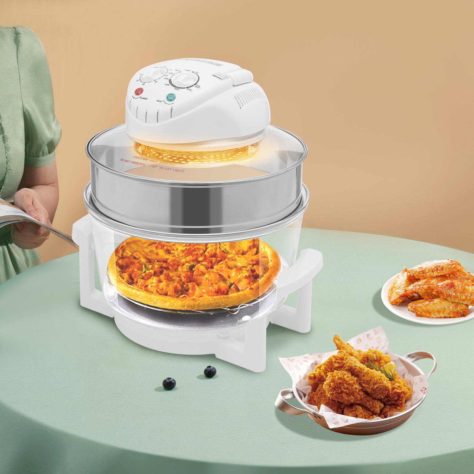 Glass Air Fryer 18Qt with Viewing Window, 1400W Halogen Air Fryer Oven for Quick Cooking, 360° Visible To Watch Food, with 8 Accessories for Baking Roasting Grilling, 60 Min Timer & 482℉,