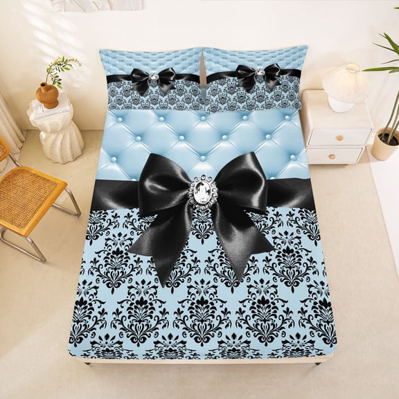 Manfei Retro Damask Baroque Fitted Sheet Full,Black Dreamy Bowknot Bed Set,3pcs,1 Fitted Sheet and 2 Pillowcases
