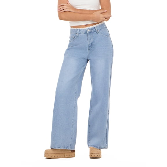 Forever 21 Women's Blue Y2K Wide-Leg Denim Pants, Lace Trim Waistband Detail for Everyday Casual Wear, Size 6