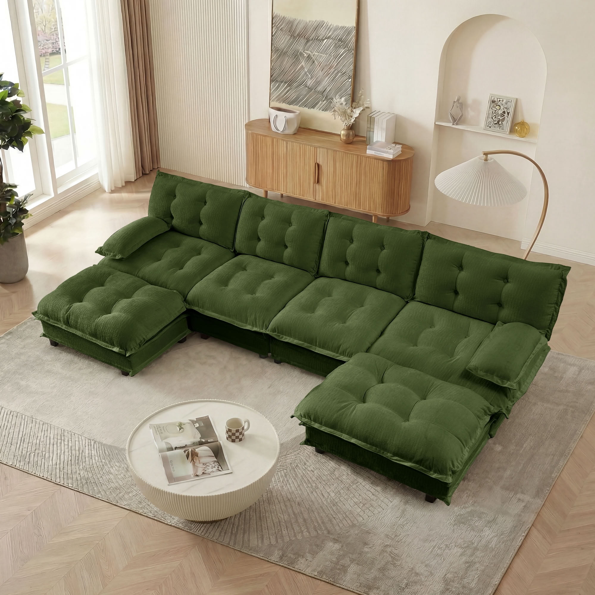 MAYEERTY 138 Inch Modular Sectional Sofa with 2 Ottomans, U-Shaped 4-Seater Chenille Couch for Living Room Bedroom Apartment