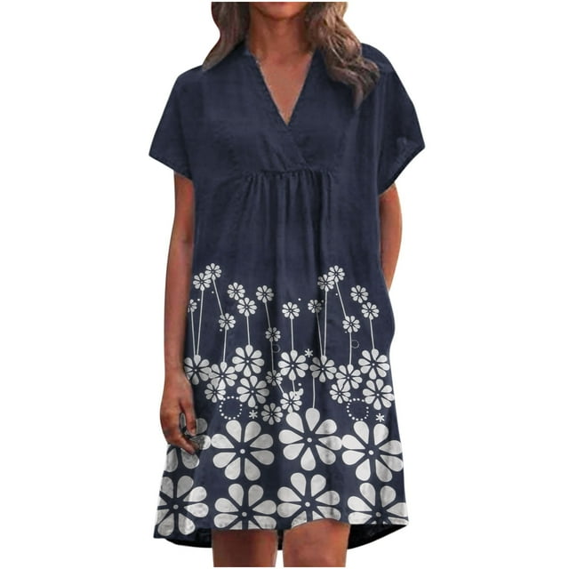 Vestidos casuales de verano para mujer, túnica de fiesta, columpio, cuello en V informal, vestidos de mujer sólidos con bolsillos Pompotops ghjkhdj15495