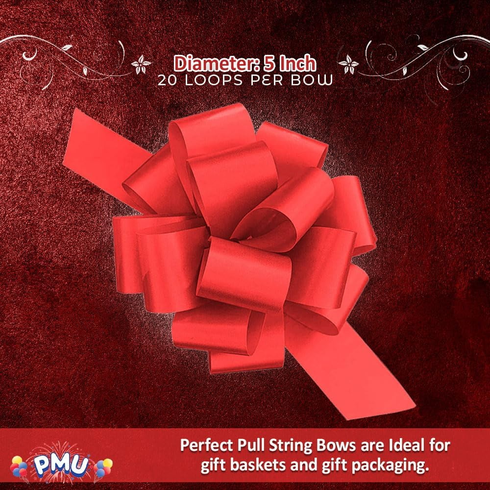 PMU Pull String Bows - Gift Bows for Wedding, Birthdays & Anniversaries - Ribbon Bows for Flowers & Basket Decoration - Large Bow for Gift Wrapping - 5 Inch 20 Loops Red- (50/pkg)Pkg/1