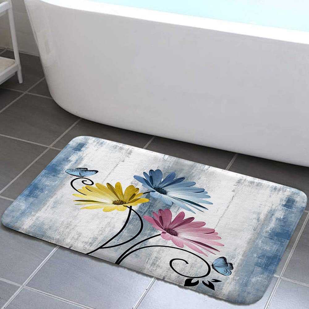 Rustic Farmhouse Bath Mat Set, Farm Blue Daisy Floral Flowers and Butterfly on Country Wooden Bathroom Mat Set with Non-Slip Bath Rug, Soft Toilet Lid Cover and Contour Mat, Turquoise Blue (Blue-2)