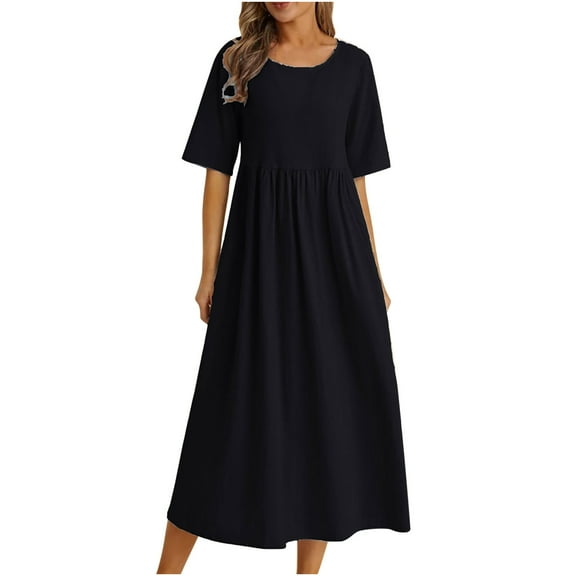 Dianli Dresses for Women Round Neck Elbow-Length Maxi Solid Summer Dresses Loose Fitting Fashion Casual Empire Waist Pleated Swing Cotton Linen Dress Black l