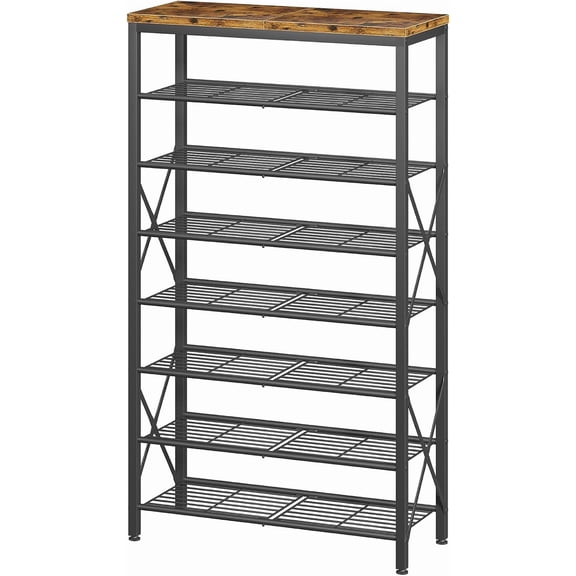 8-Tier Metal Shoe Rack for 32 Pairs, Heavy-Duty Shoe Organizer with Rustic Wooden Top, Space-Saving Entryway Shoe Storage for Closet, Garage, Hallway, Bedroom, Black & Rustic Brown