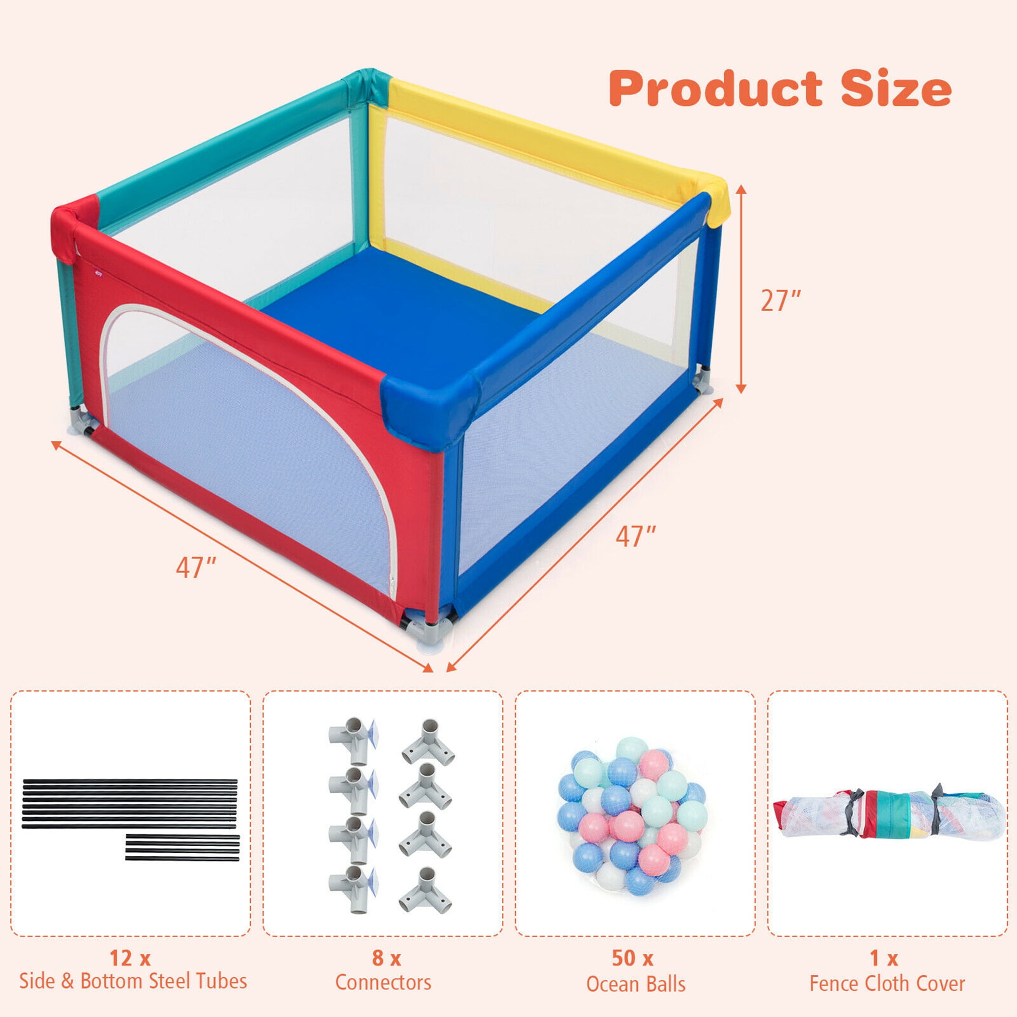 Gymax Infant Large Safety Play Center Yard Baby Playpen with 50 Ocean Balls, Multicolor, Unisex