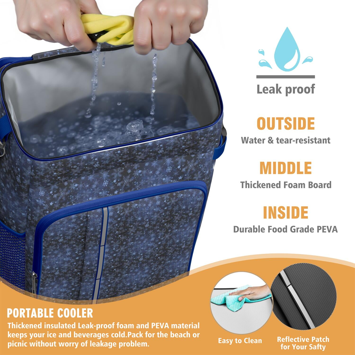 Travel Cooler Bag - Dark Blue Christmas Snowflake Pattern Camping Beer Cooler Backpack with Bottle Opener- Waterproof Insulated Picnic Backpacks - Cooler Bag for Beach