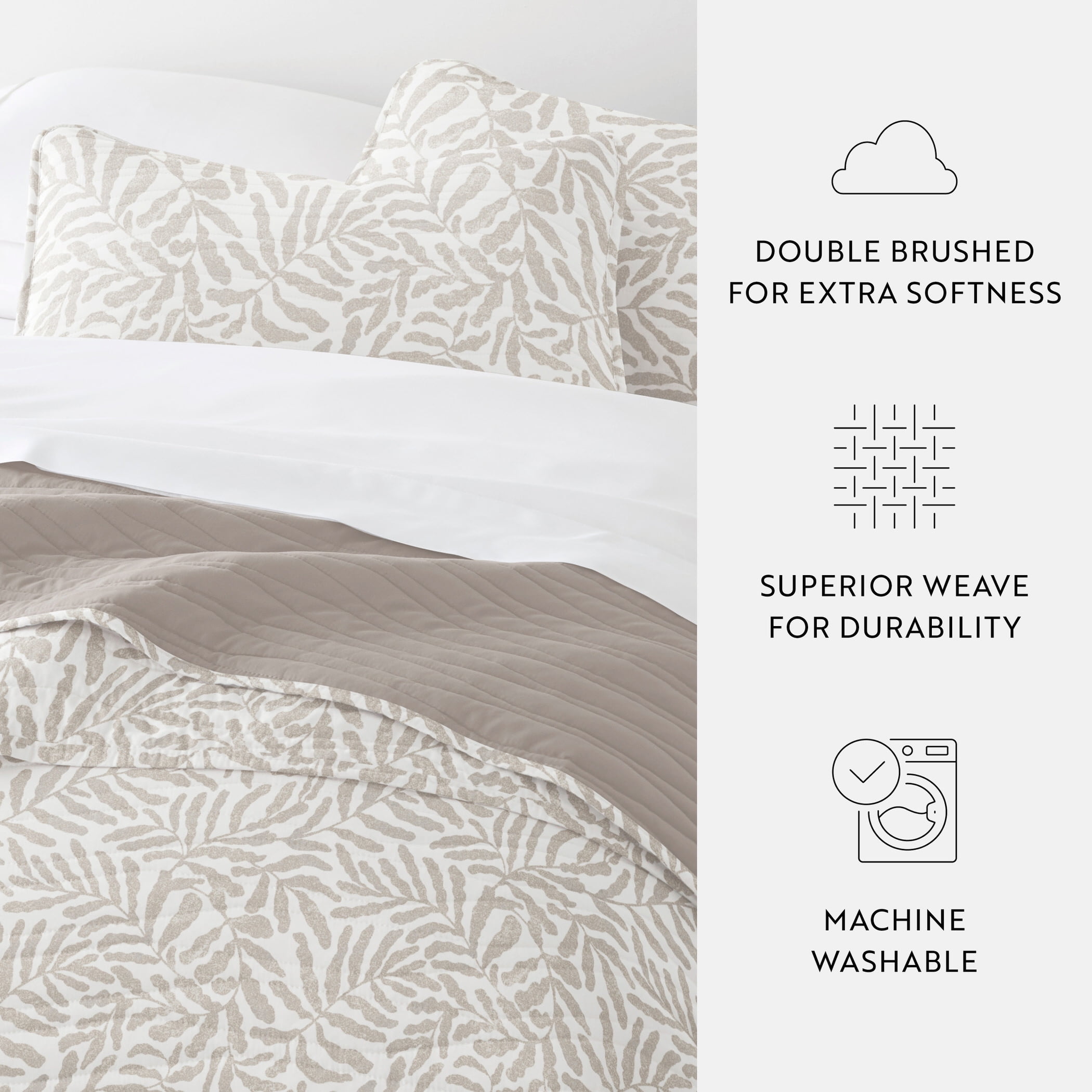Noble Linens 3-Piece Taupe Tossed Ferns Reversible Quilt Set, Queen