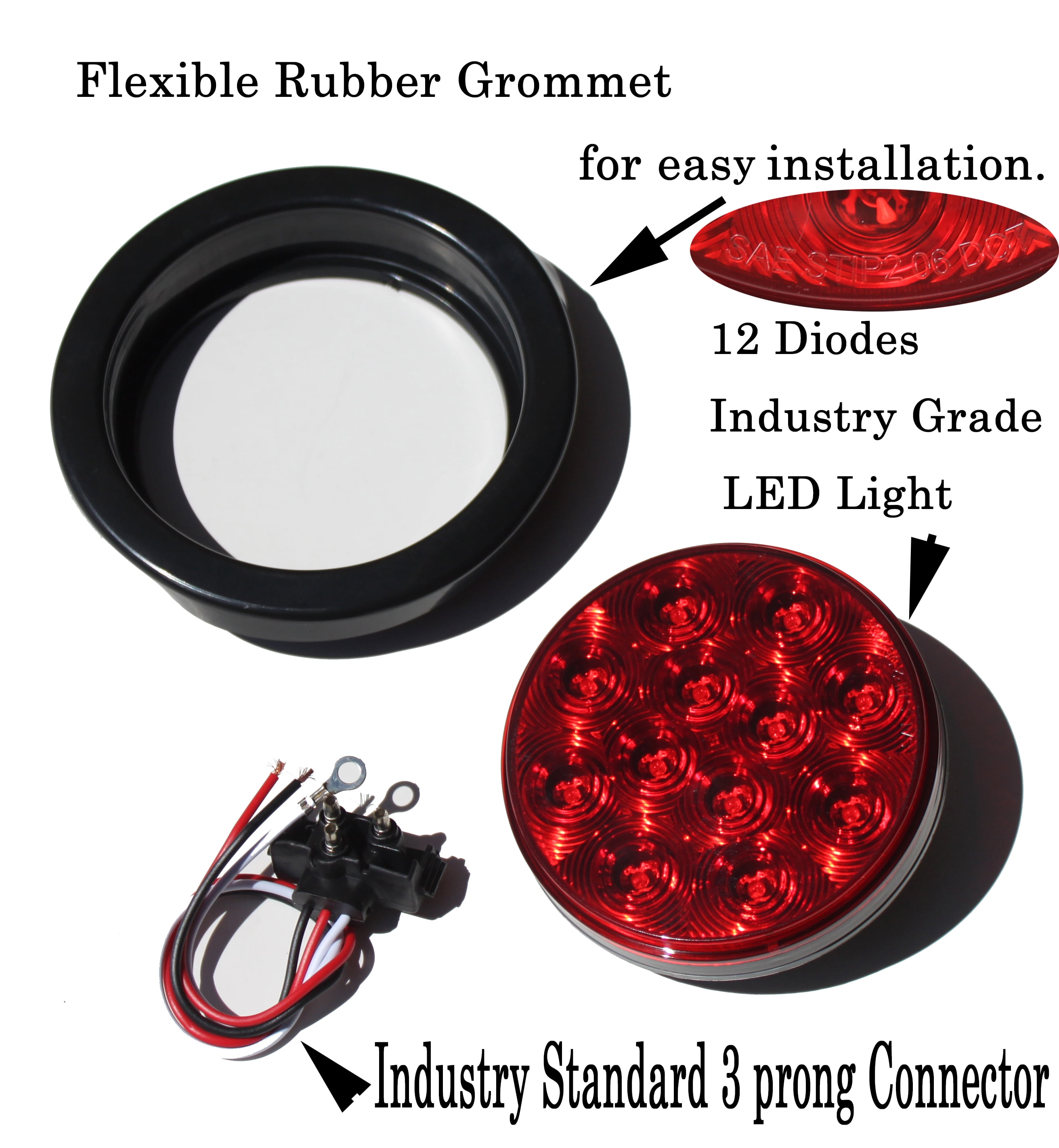Pair High Quality LED 4" Red Round STOP BRAKE TURN TAIL RUNNING Light w Grommet Pigtail Kit for Truck Trailer DOT SAE Approved Set of 2 Pieces