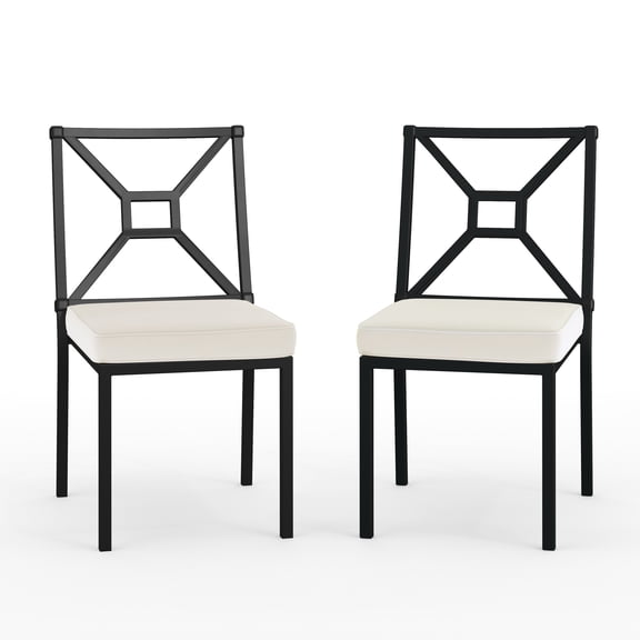 Martha Stewart Set of 2 Indoor-Outdoor Stackable Patio Side Dining Chairs with Steel Frames in Black with Cream All-Weather Cushions