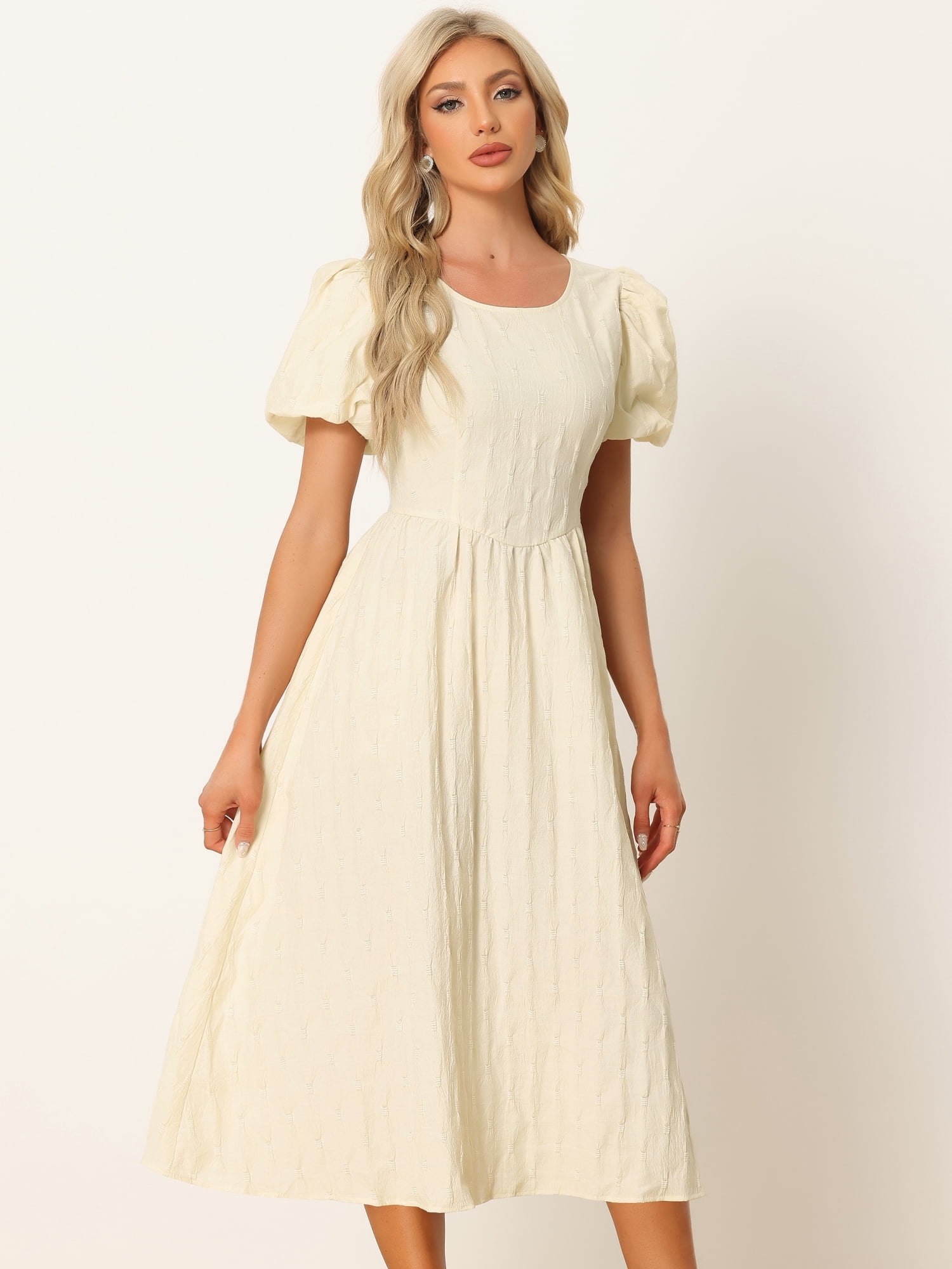 Unique Bargains Women's Puff Sleeve Textured Fit and Flare Dresses M Beige